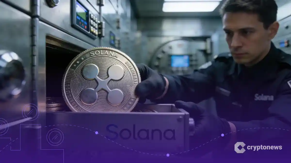 銀行の貸金庫でXRPコインをSolanaと書かれた箱に保管するカストディアンの手元