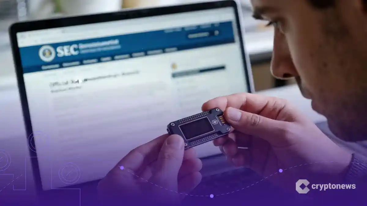 自宅のオフィスでハードウェアウォレットを手に持ち、PC画面上のSECガイドラインを真剣に確認する個人投資家の様子