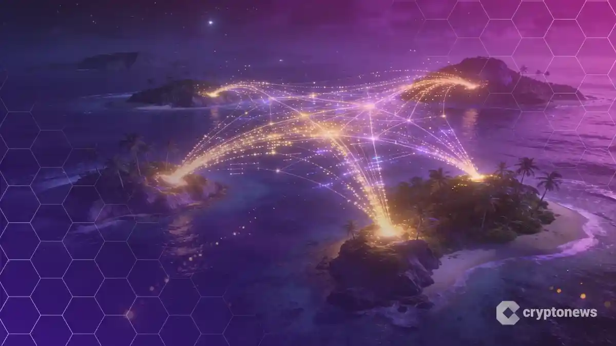 夜の海に点在する島々を繋ぐ紫色のデジタルネットワークとUBIの光