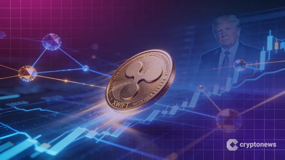 トランプ次期大統領のシルエットと上昇するXRPコインのチャート、近未来的な金融ネットワーク
