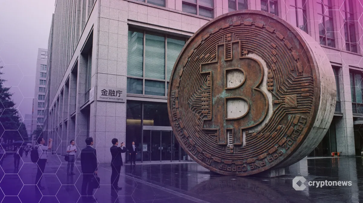 近代的なオフィスで税制改正案の書類とビットコインのコインを前に自信に満ちた表情を見せる日本の政策担当者