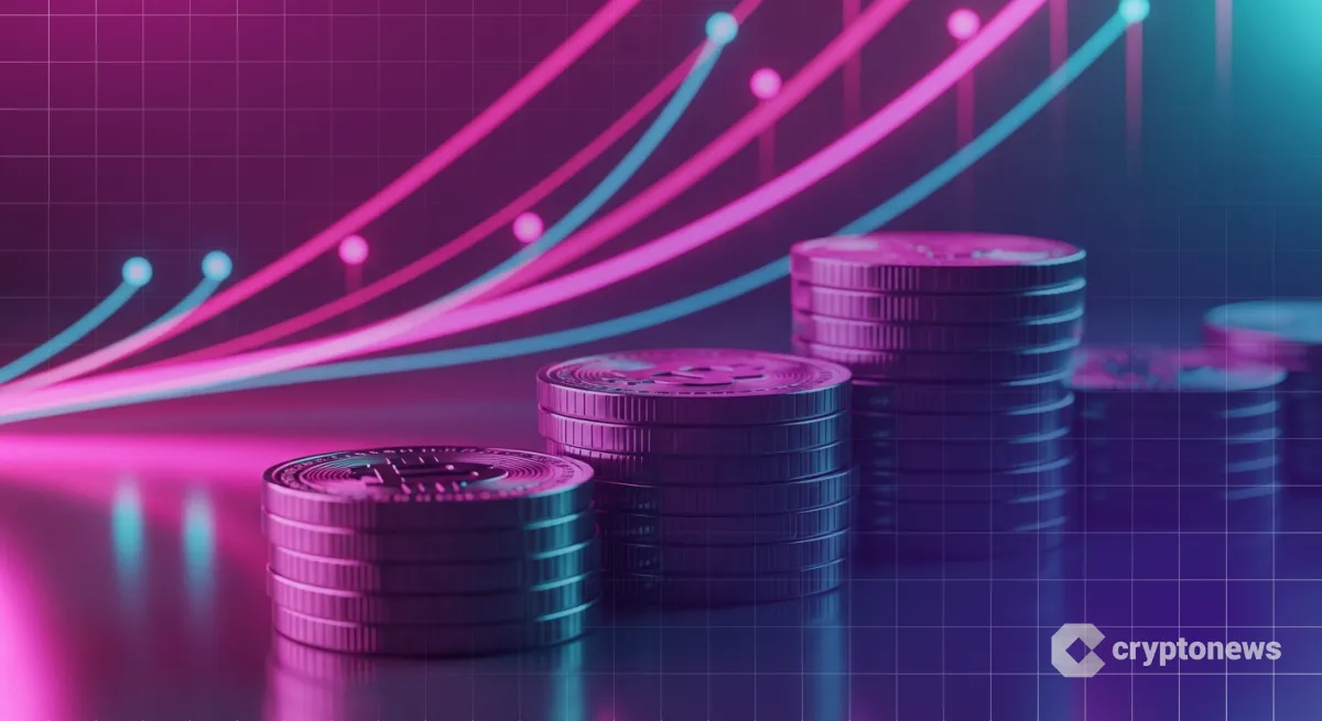 マゼンタの光に照らされた複数の仮想通貨コインの列が奥へ向かって高く積み重なる