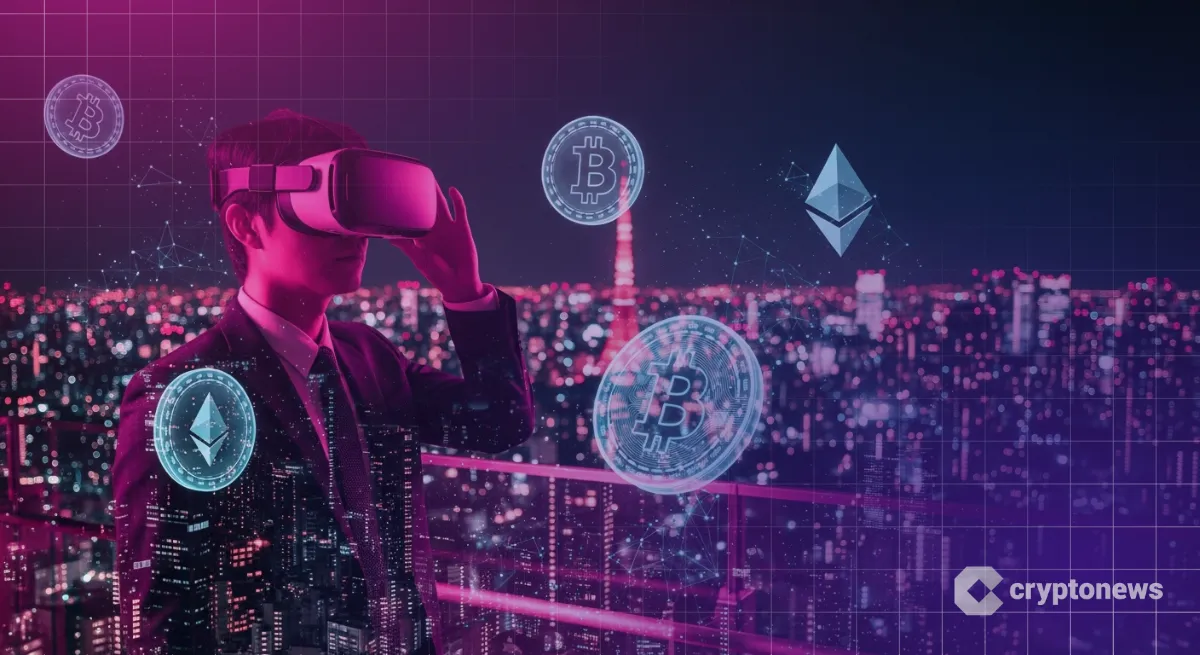 VRゴーグルを装着したビジネスマンとメタバースや仮想通貨のホログラム