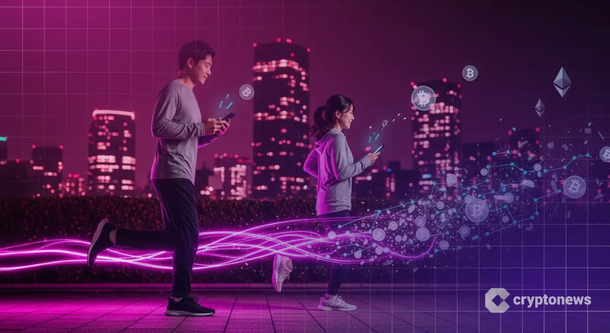夜の東京でランニングしスマホでMove to Earn報酬を確認するビジネスパーソン