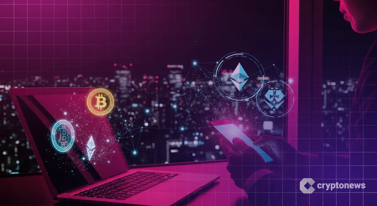スマホとPCから浮かぶBTCやETHロゴで示す仮想通貨とは
