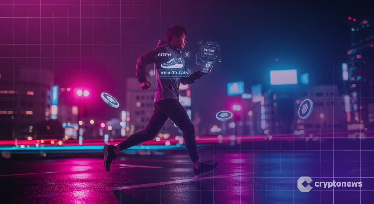 夜の東京を走りながらスマホで報酬チェックするSTEPNランナー