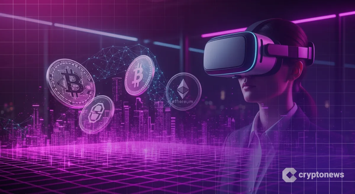 VRヘッドセット装着で仮想都市ホログラムを見るメタバースイメージ