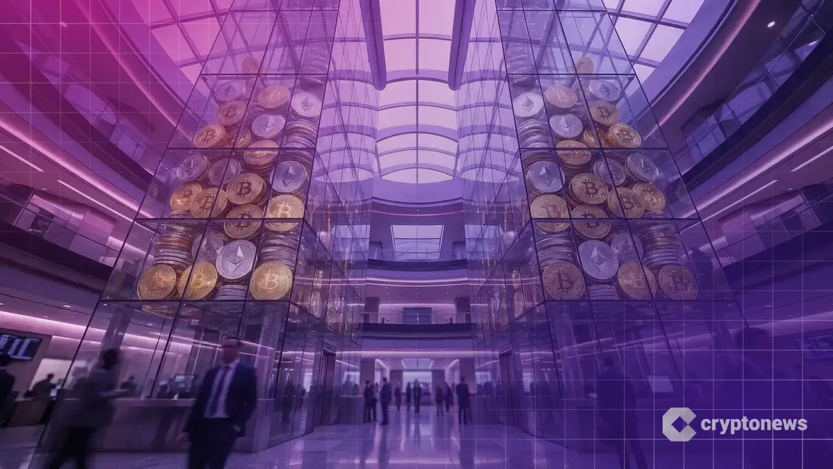 ビットコインとイーサリアムで満たされた2つの巨大なガラスの塔が、ETF取引高2兆ドル突破を象徴する様子
