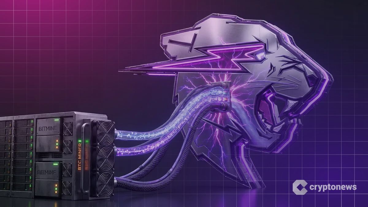 MrBeastの虎ロゴ型の巨大要塞にBitmineのマイニングリグが接続し、紫色のエネルギーが注入される様子