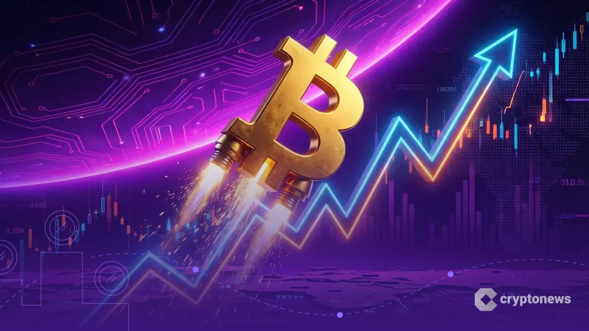 急上昇するチャートとビットコイン、紫色のデジタル惑星背景