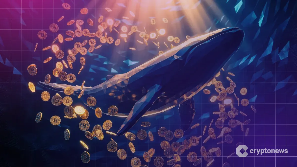 深海のデジタル空間で大量のビットコインを吸い寄せながら上昇する巨大なクジラの抽象画