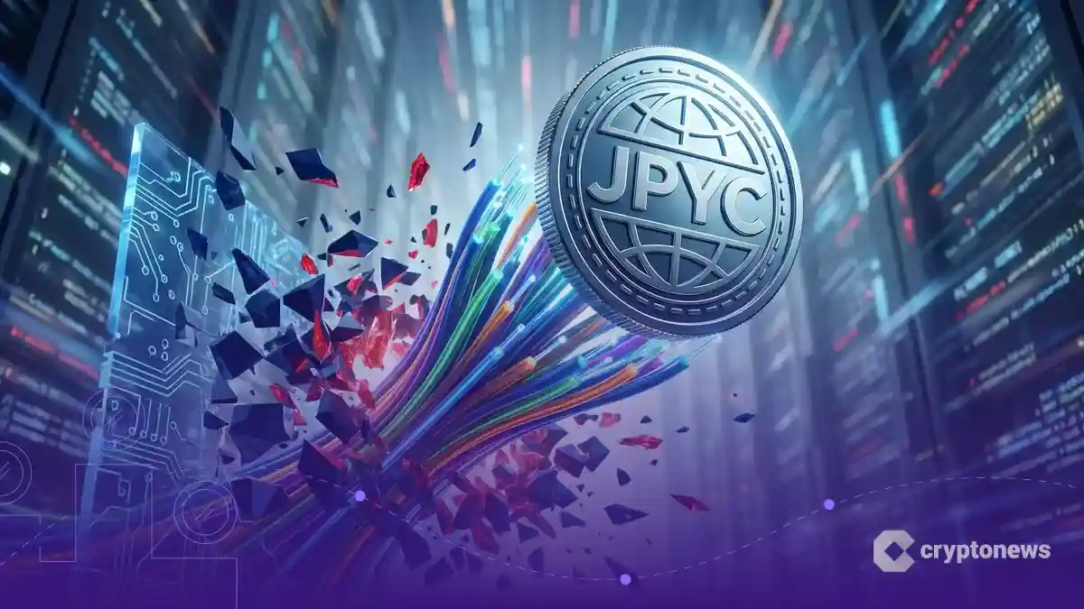 JPYCコインが複数のブロックチェーンネットワークを表す光ファイバーに押し上げられ、10億円の壁を突き破る様子