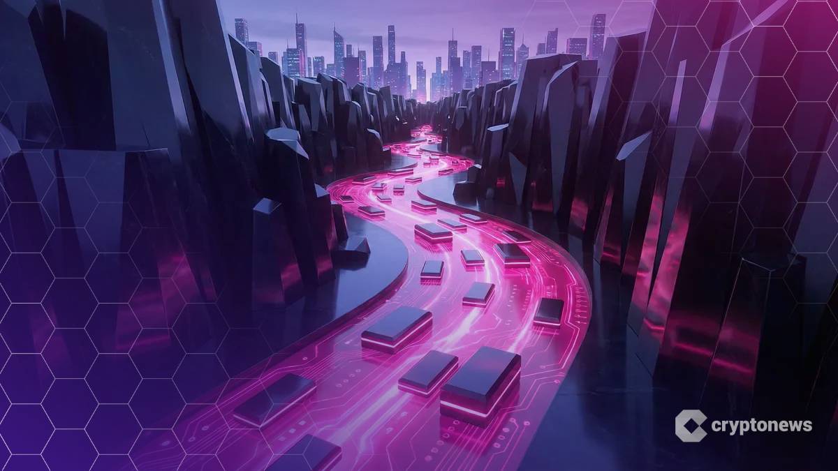 ブラックロックの黒い岩の峡谷を流れるユニスワップのピンク色のデジタル流動性とBUIDLブロック