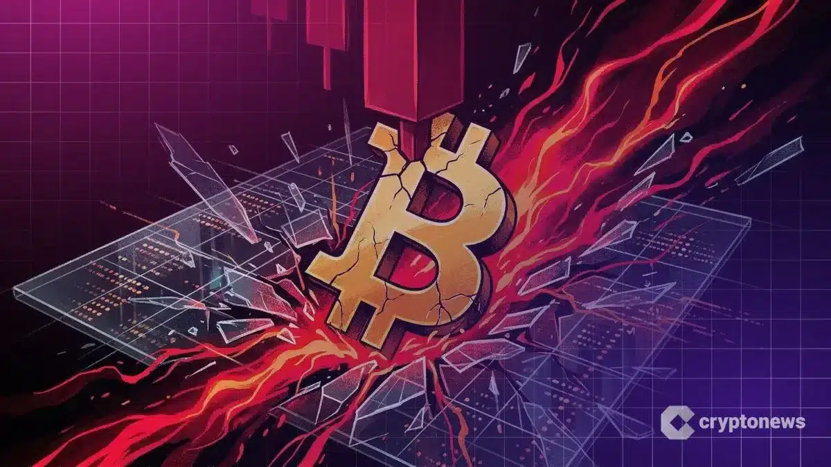 ビットコイン急落と先物市場での大量清算を示すグラフィック