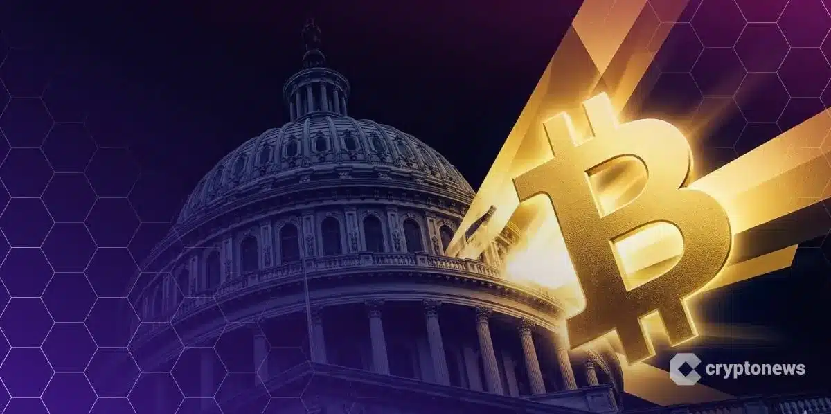 米連邦議会議事堂と巨大なビットコインロゴの象徴的なグラフィック