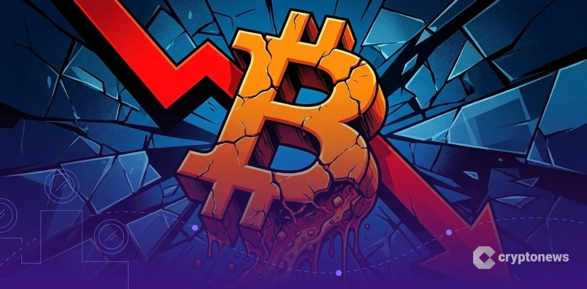 資金流出と価格下落を示す砕ける巨大なビットコインロゴと赤い矢印
