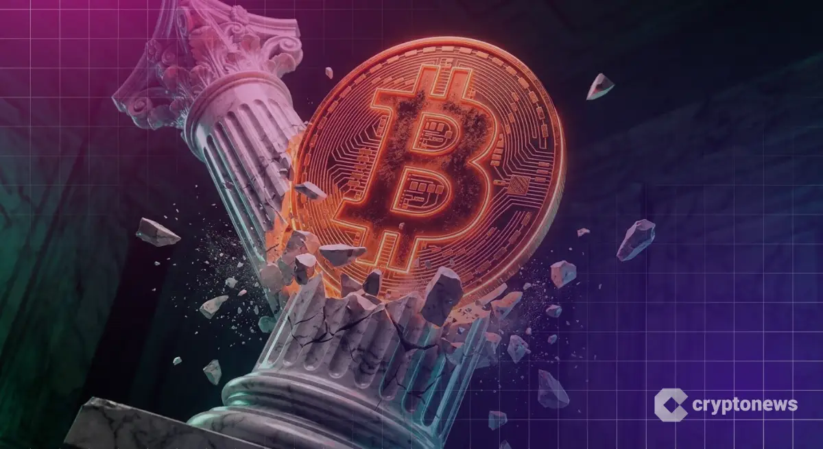 ビットコインロゴが米財務省を象徴する柱を突き抜けて上昇する画像