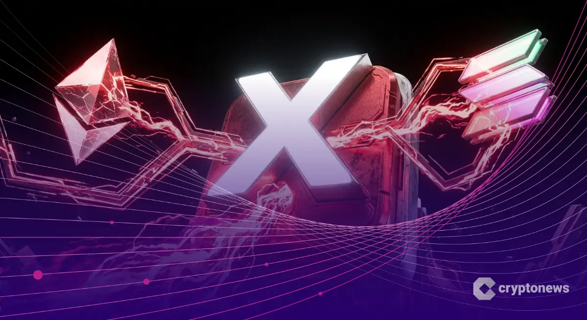 Xのロゴと赤い取引ボタンが融合し、仮想通貨が流れるイメージ
