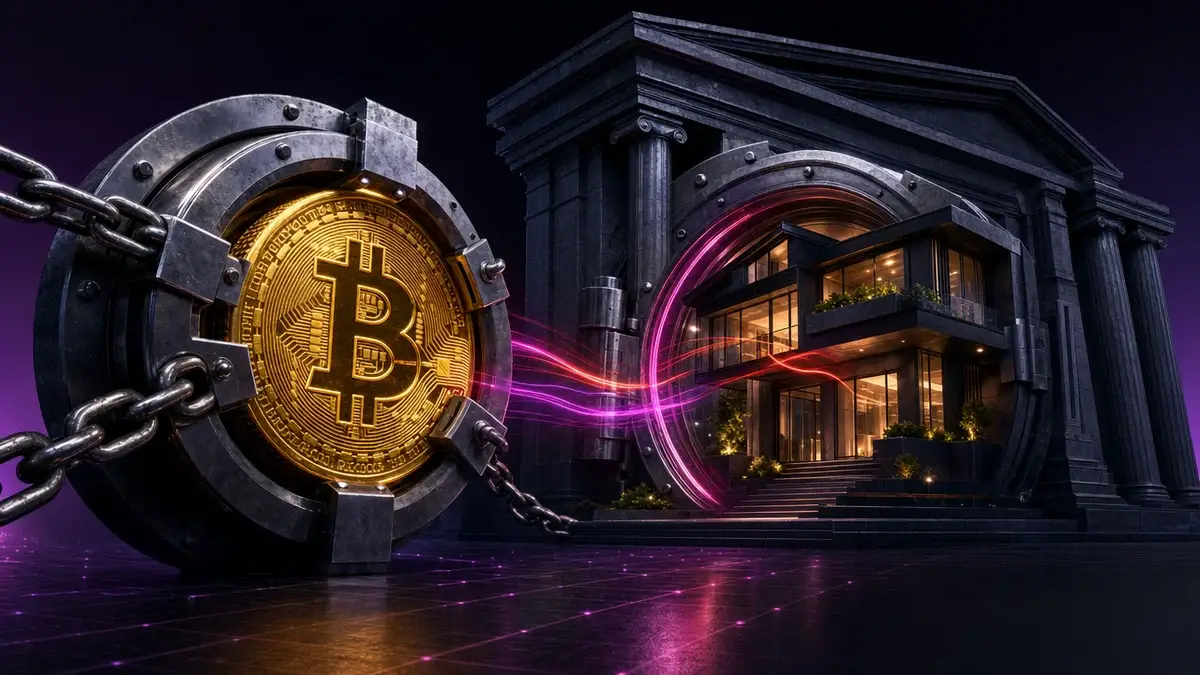 住宅ローンの担保として長期間ロックされたビットコインと住宅を表現した3Dイメージ