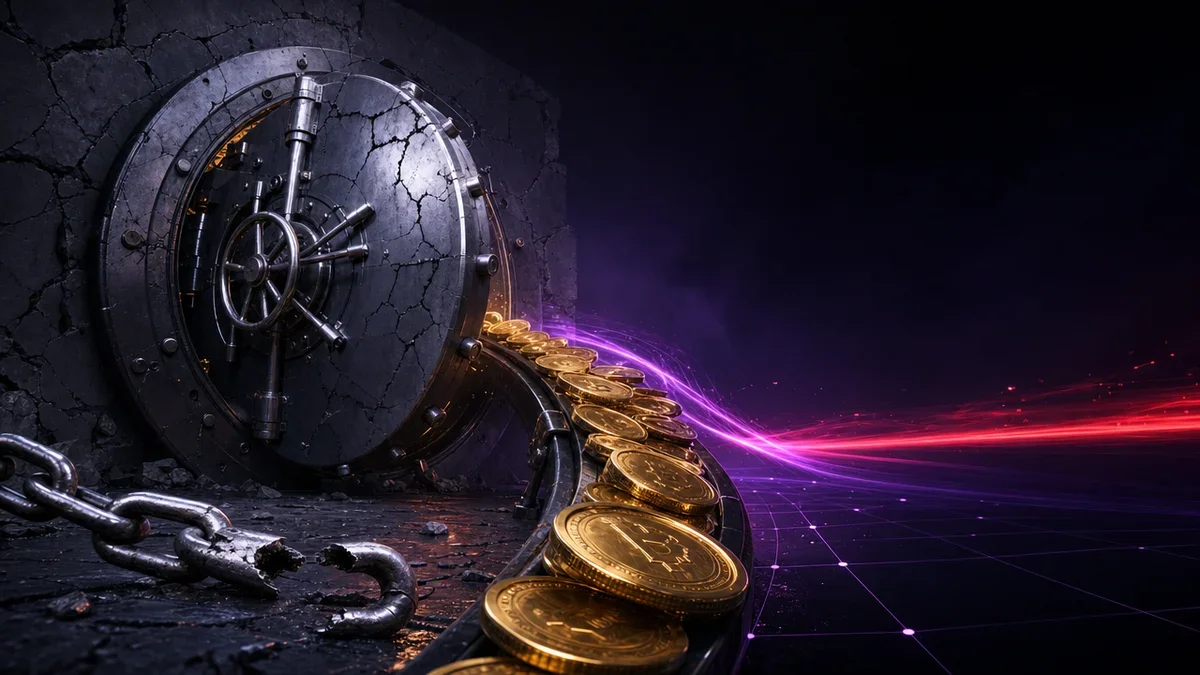金庫へ戻っていくビットコインを表現した3Dイメージ