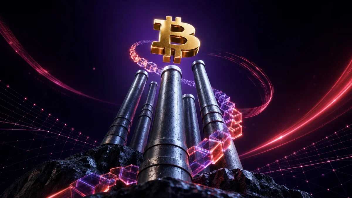 鋼鉄の基礎杭の上に金色のビットコインのシンボルが浮かび、底打ちを表現した3Dイメージ