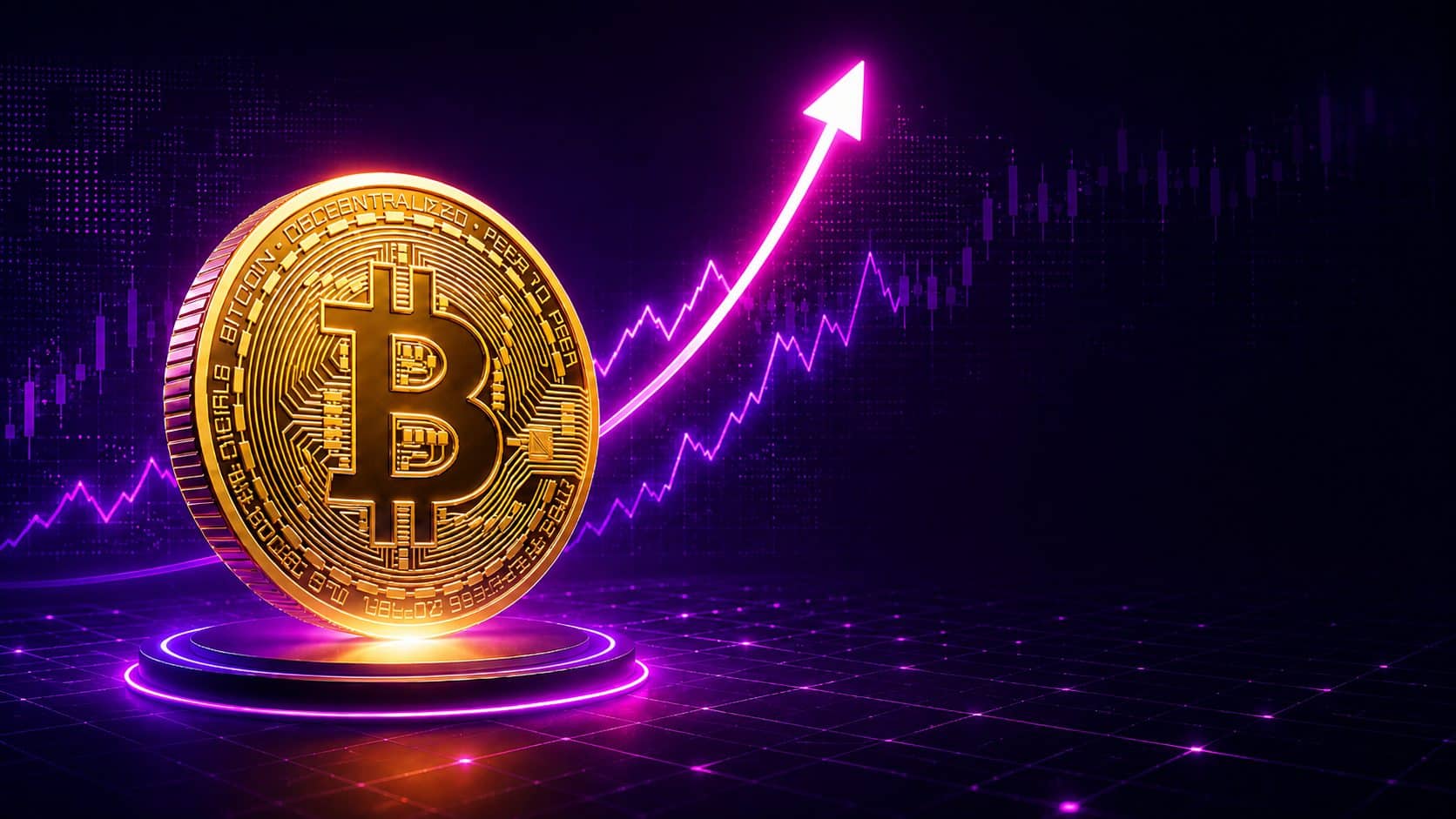 Bitcoin munt met stijgende koerslijn en pijl op paarse cryptomarkt achtergrond