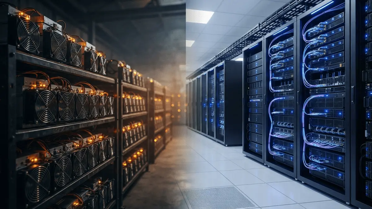 Bitcoin mining rigs transitioning to modern AI data center servers in split-screen composition