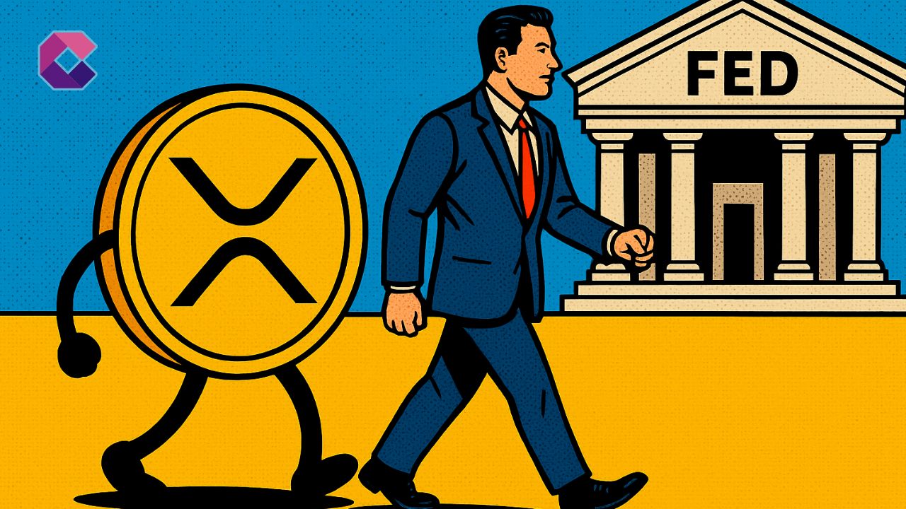 Immagie di un token crypto e un uomo che camminano fianco a fianco