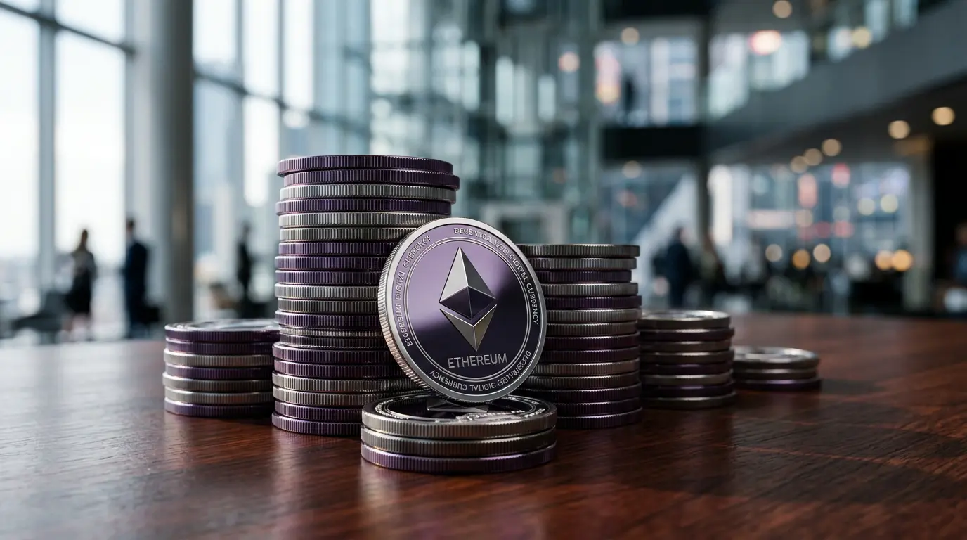 Stacked Ethereum coins on corporate desk representing institutional crypto accumulation strategy