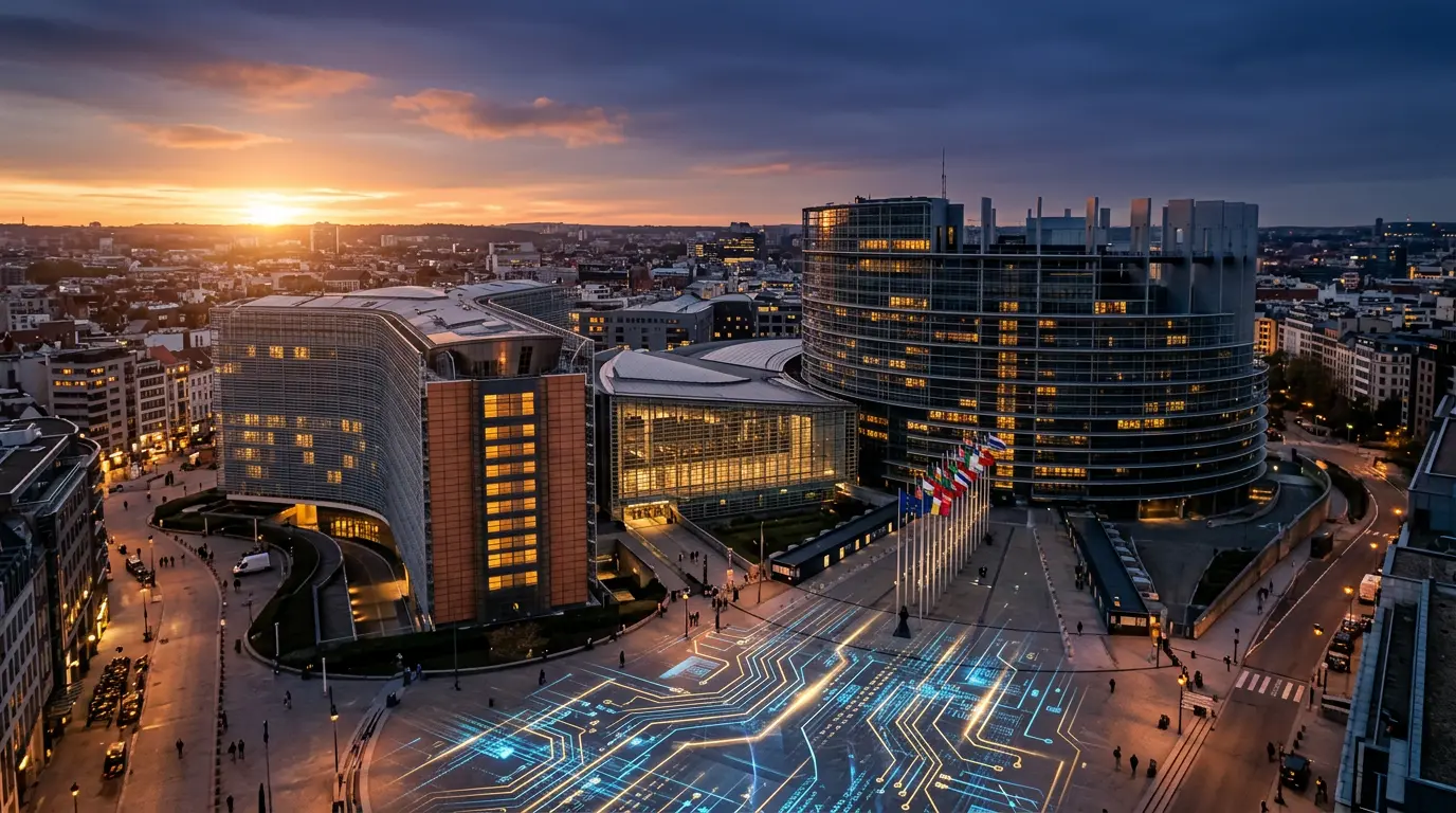 European Union headquarters building with digital blockchain overlay representing MiCA crypto regulation
