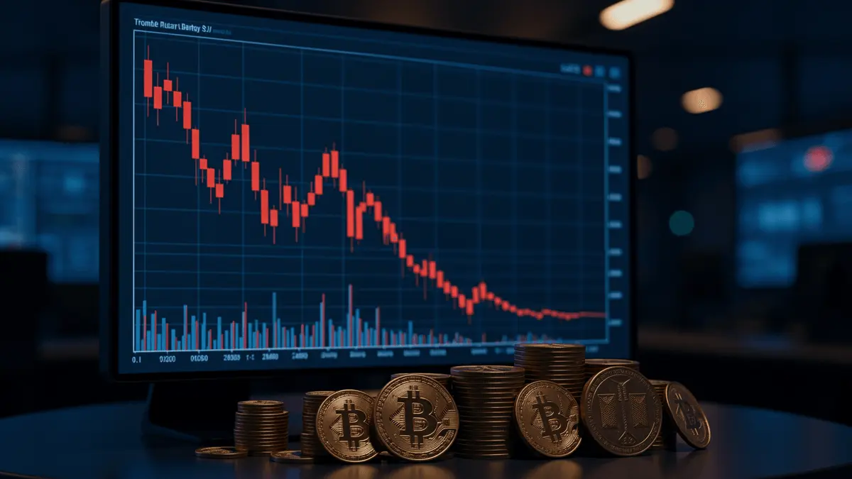 Declining stock chart with Bitcoin coins illustrating cryptocurrency company financial pressure