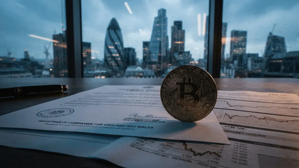 Bitcoin coin on corporate dissolution documents representing Satsuma liquidation and LSE delisting