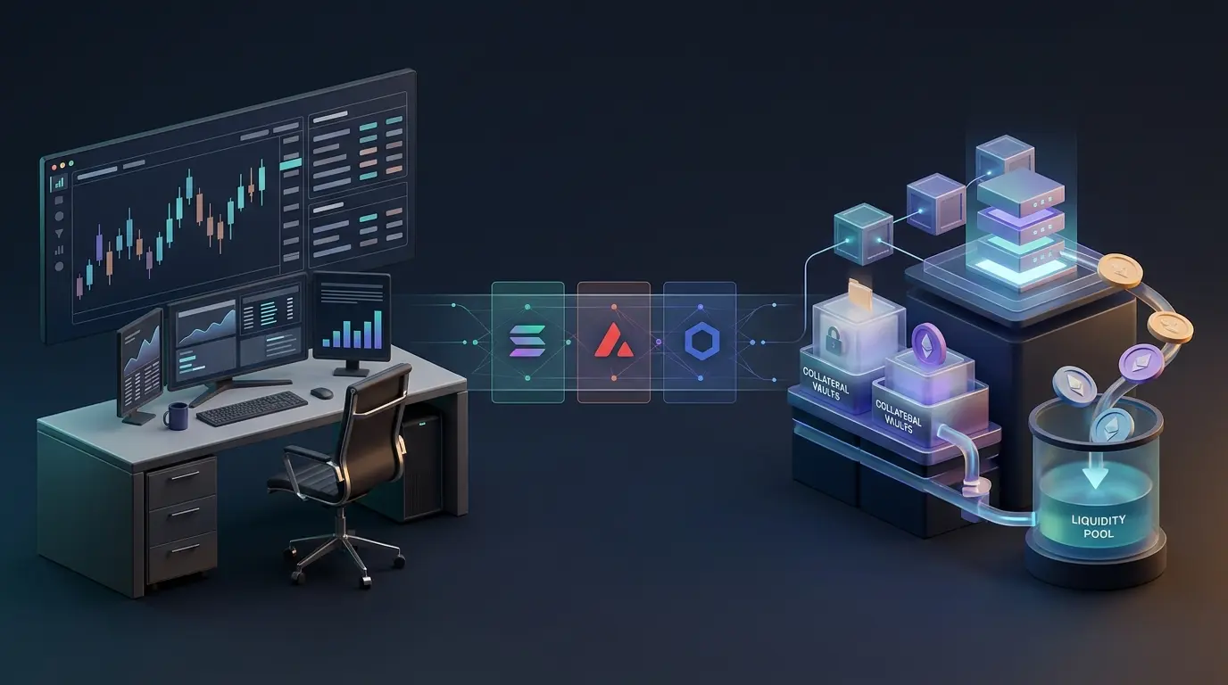 Editorial illustration showing traditional crypto trading connected to DeFi lending and tokenized assets