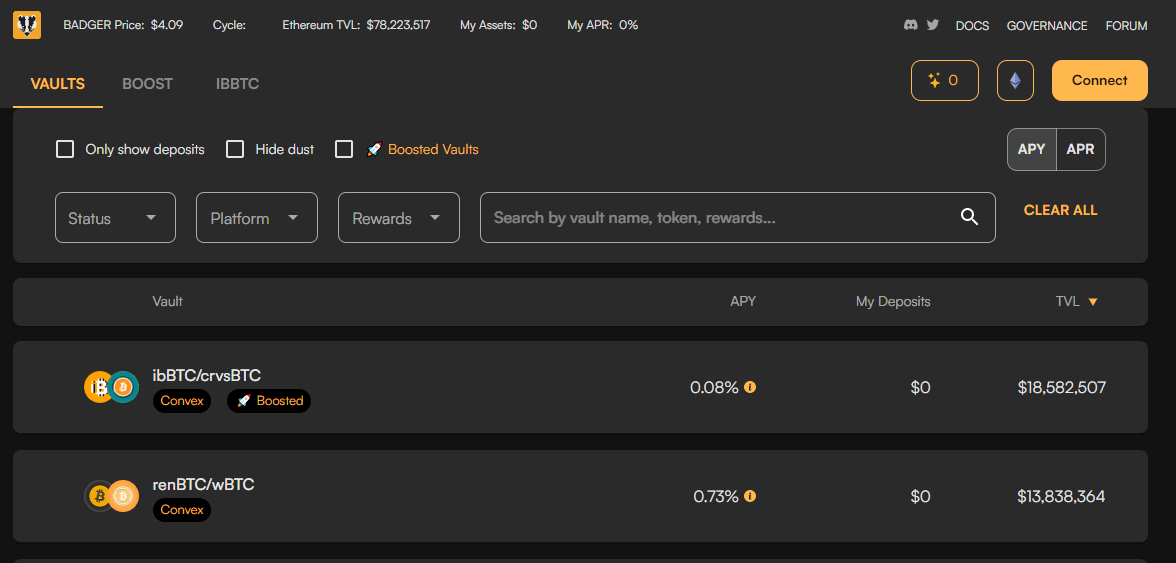 BadgerDAO vaults page