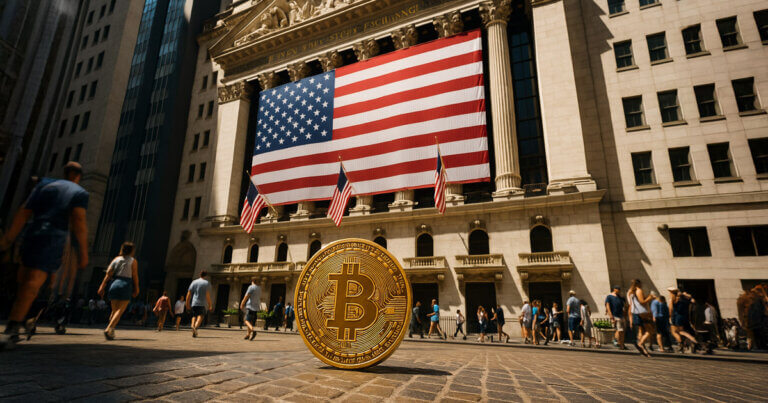 A large Bitcoin coin is displayed in front of the New York Stock Exchange, with the U.S. flag hanging across the building - Cover art/illustration via CryptoSlate.