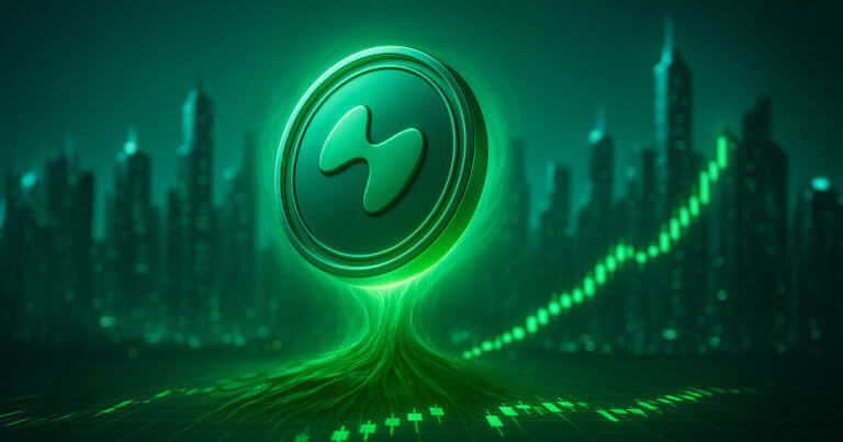 A glowing Hyperliquid token rises with trading charts, symbolizing its consistent outperformance of Nasdaq’s net income and Robinhood’s trading volume - Cover art/illustration via CryptoSlate.