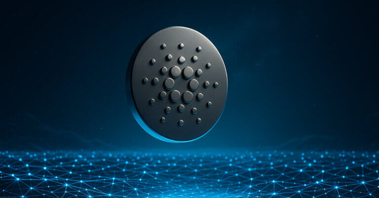 A large Cardano (ADA) coin is shown glowing above a digital grid, symbolizing blockchain technology and network growth - Cover art/illustration via CryptoSlate.