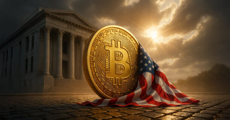 A large Bitcoin coin wrapped in the American flag is placed before a government building, symbolizing U.S. Bitcoin mining regulation and market entry - Cover art/illustration via CryptoSlate. Image includes combined content which may include AI-generated content