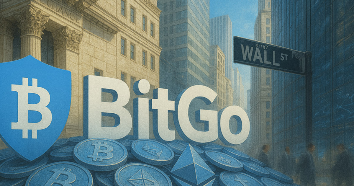 A digital illustration shows the BitGo logo alongside Bitcoin and Ethereum symbols set against Wall Street, symbolizing its IPO filing and $3 billion 2024 revenue - Cover art/illustration via CryptoSlate.