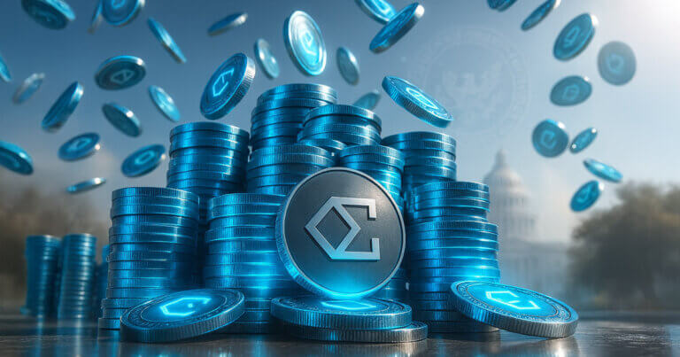 Stacks of digital coins with the Ethena logo are depicted against the backdrop of the U.S. Capitol building - Cover art/illustration via CryptoSlate.