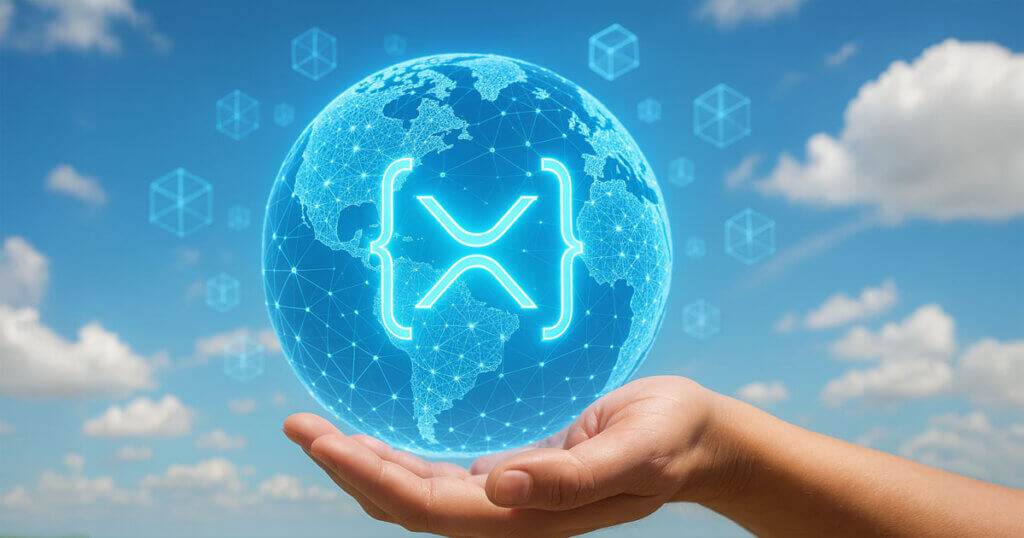 A glowing XRP symbol is displayed within a digital globe held in a hand, symbolizing Ripple’s global institutional roadmap for XRPL innovations - Cover art/illustration via CryptoSlate. Article's Title: Ripple unveils institutional-focused roadmap for XRPL with native lending protocol and ZKP features