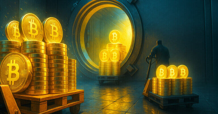 A glowing vault filled with Bitcoin stacks symbolizes Strategy and Metaplanet’s combined 651,448 BTC holdings worth $72.6 billion - Cover art/illustration via CryptoSlate. Image includes combined content which may include AI-generated content