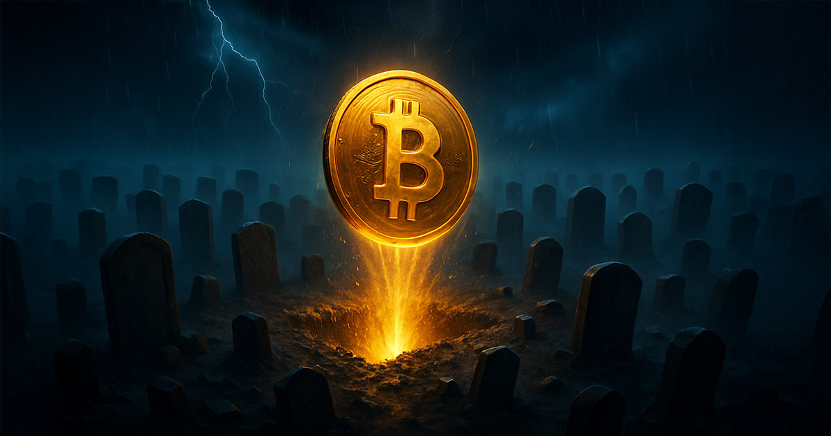 A luminous Bitcoin coin rises from a misty graveyard of blank tombstones under a stormy indigo sky, its golden glow cutting through rain and fog in a dramatic - Credit: CryptoSlate