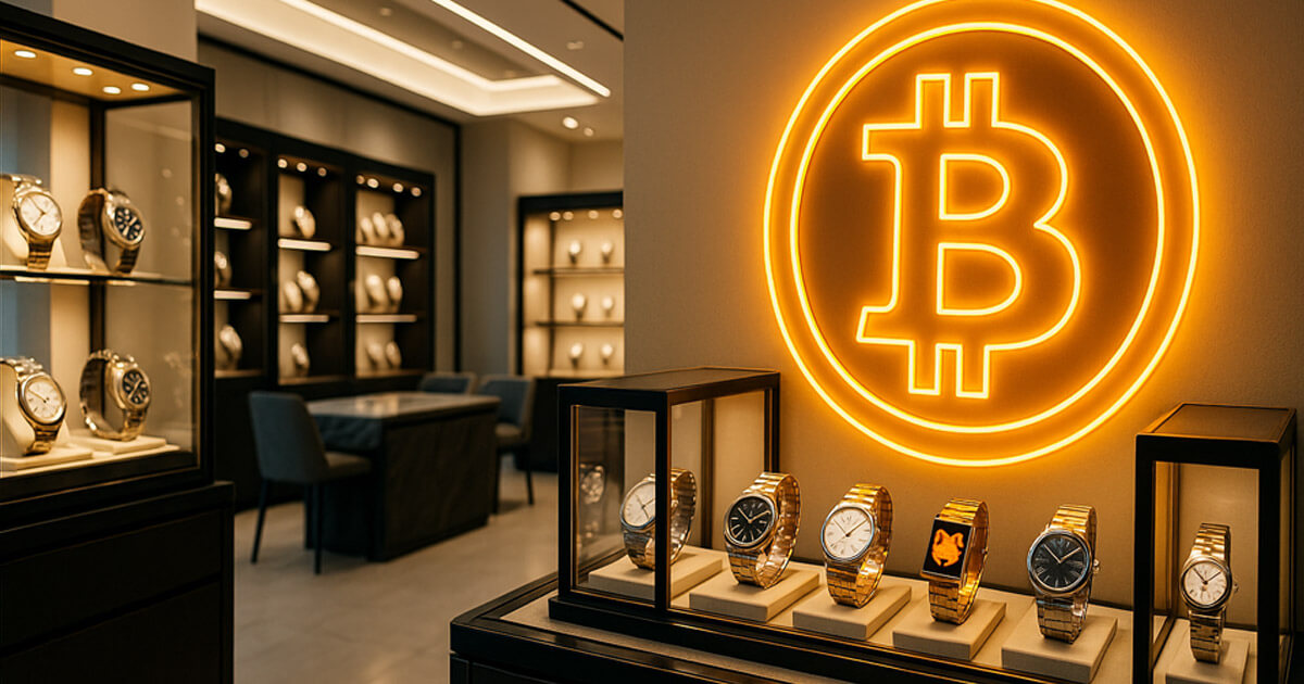 A display of luxury watches is shown in a store featuring a glowing Bitcoin symbol on the wall - Cover art/illustration via CryptoSlate