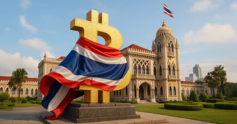 A golden Bitcoin statue draped with Thailand’s national flag stands before the Government House in Bangkok - Cover art/illustration via CryptoSlate. Image includes combined content which may include AI-generated content
