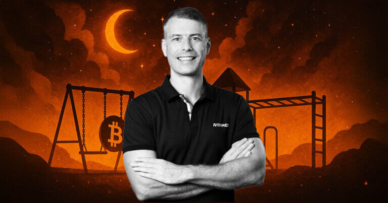 A glowing cosmic playground with cryptocurrency-themed swings and slides under a crescent moonlit sky.