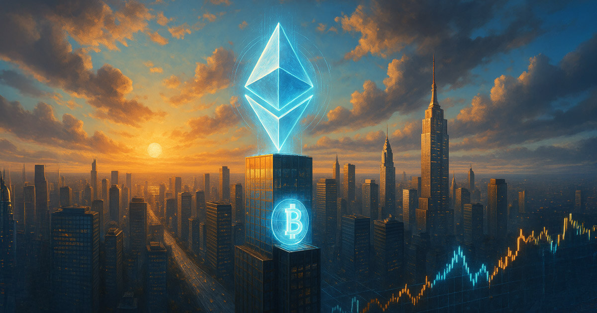 A glowing Ethereum symbol towers over a Bitcoin emblem in a city skyline as ETH surges past $4,500 on corporate and institutional demand – Cover art/illustration via CryptoSlate. Image includes combined content which may include AI-generated content