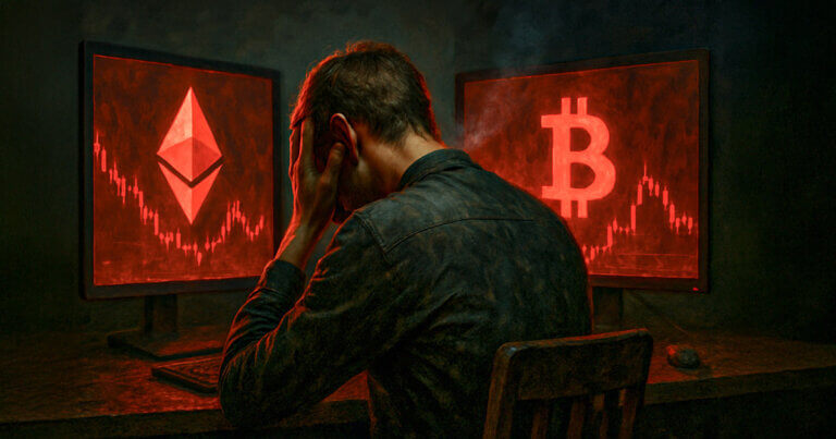 Illustration of a trader facing falling Ethereum and Bitcoin charts.
