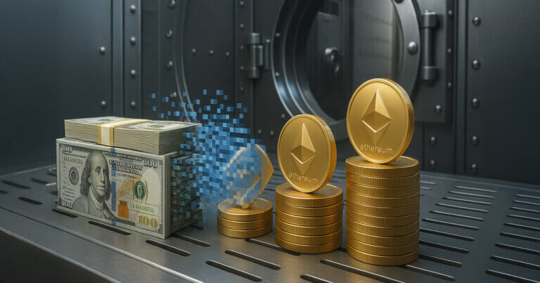 Stacks of US dollar bills are shown converting into Ethereum coins inside a vault, symbolizing the flow of capital into ETH investments - Cover art/illustration via CryptoSlate.