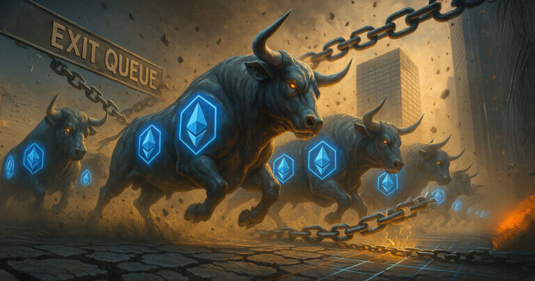 Charging bulls marked with Ethereum logos breaking chains beneath a sign labeled “Exit Queue,” symbolizing Ethereum’s $4.6 billion unstaking wave - Cover art/illustration via CryptoSlate. Image includes combined content which may include AI-generated content